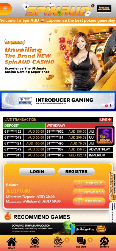 Spinaud Casino home page on a mobile device