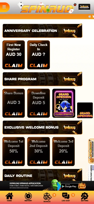 Spinaud Casino promotions page on a mobile device