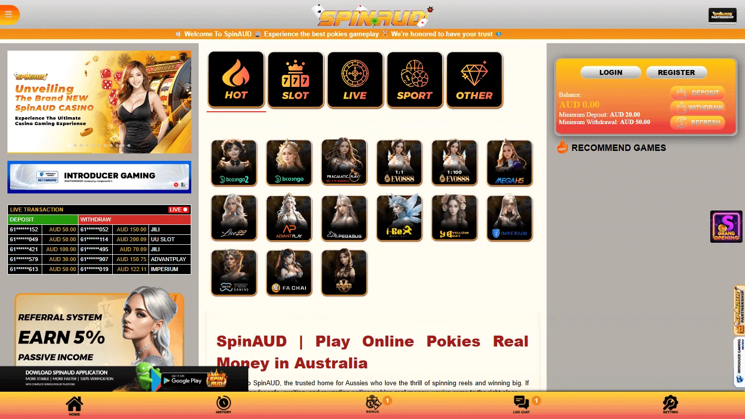 Spinaud Casino home page on a desktop device
