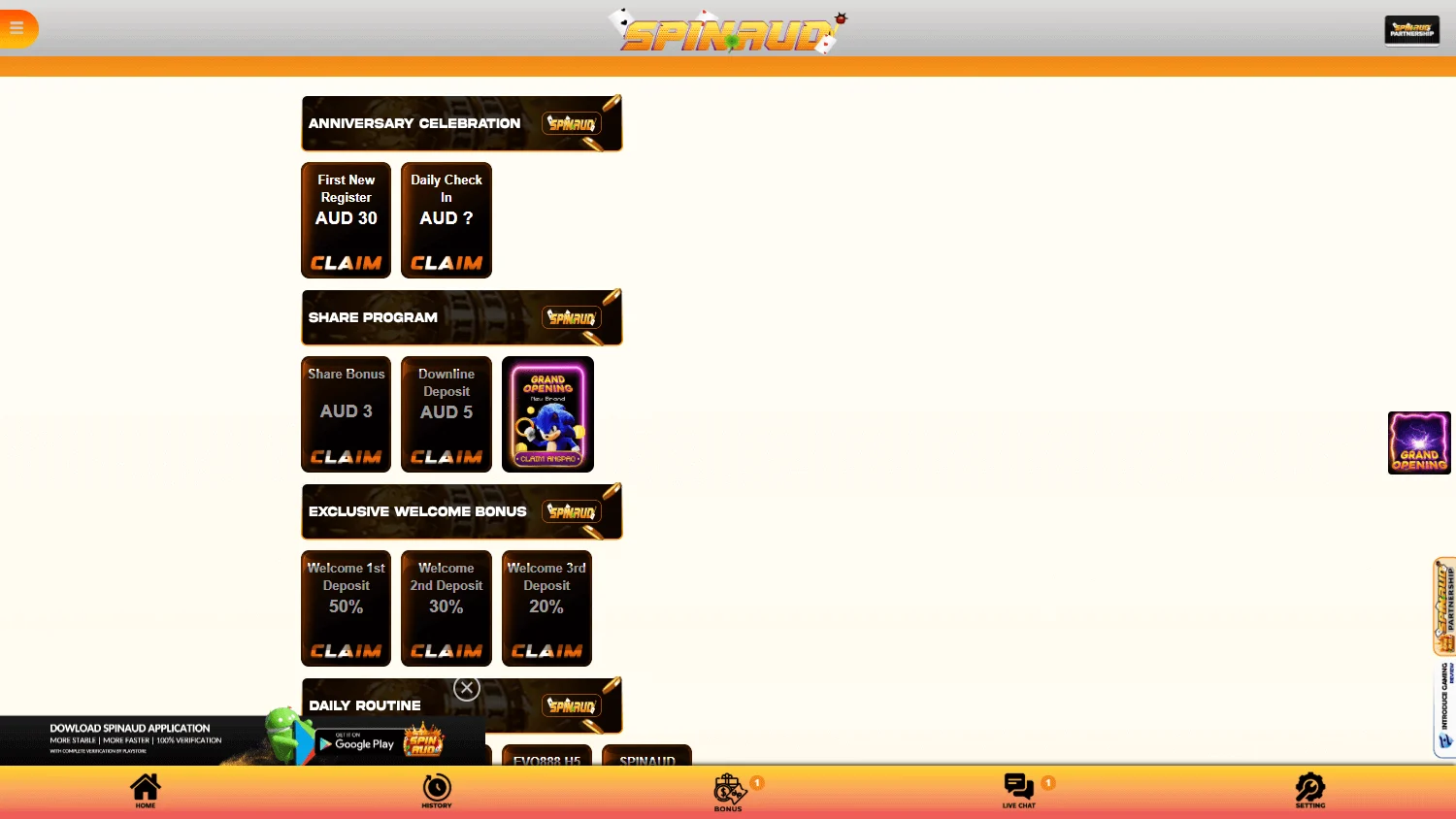 Spinaud Casino promotions page on a desktop device